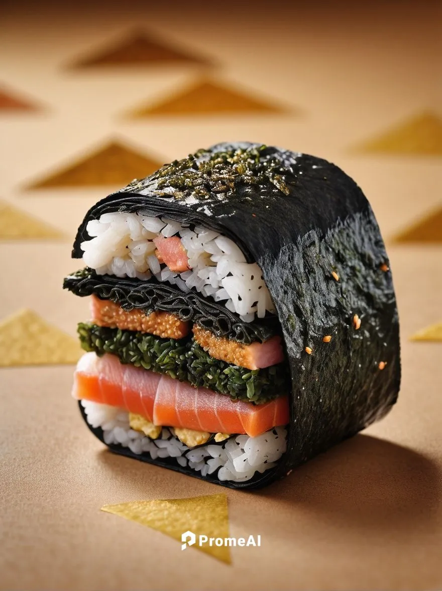 Spam musubi, Japanese snack, triangle shape, crispy nori seaweed wrap, savory Spam filling, detailed texture, golden brown color, appetizing, solo, center composition, soft focus background, warm ligh