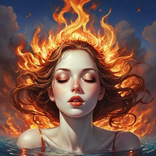 fire and water,fiery,fire siren,fire angel,burning hair,flame spirit,flame of fire,afire,aflame,melisandre,fire background,fire dancer,ignited,lake of fire,fire heart,ablaze,wildfire,firestarter,fire artist,fireheart,Illustration,Abstract Fantasy,Abstract Fantasy 11