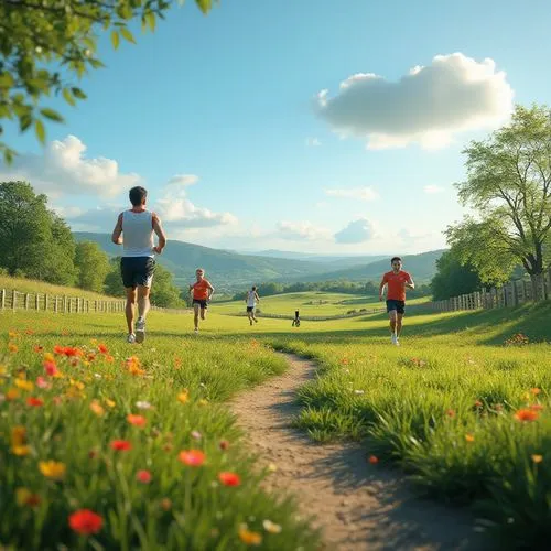 Serene sports meadow, sunny afternoon, lush green grass, vibrant wildflowers in bloom, gentle breeze rustling petals, few puffy white clouds in the blue sky, rolling hills in the distance, wooden fenc