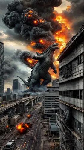 Godzilla rampages through the city, unleashing destruction in its wake. Abandoned buildings ,apocalyptic,post-apocalyptic landscape,apocalypse,doomsday,armageddon,post apocalyptic,post-apocalypse,phot