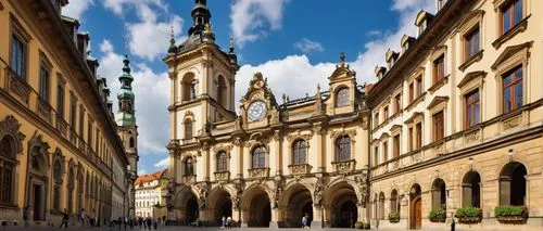 Historical Prague, Baroque-style academy building, ornate stone façade, grand entrance with pillars, large wooden doors, detailed carvings, Gothic-inspired windows, steeply pitched roof, slate tiles, 