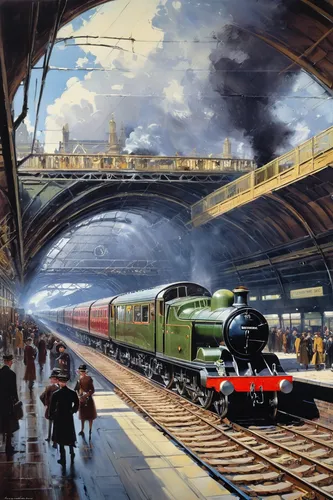 steam locomotives,waverley,steam train,steam special train,clyde steamer,steam locomotive,steam power,13 august 1961,hogwarts express,scotsman,steam railway,steamer,steam,locomotives,steam engine,prince of wales,1952,oil painting on canvas,the train,sweeping viaduct,Illustration,Realistic Fantasy,Realistic Fantasy 25