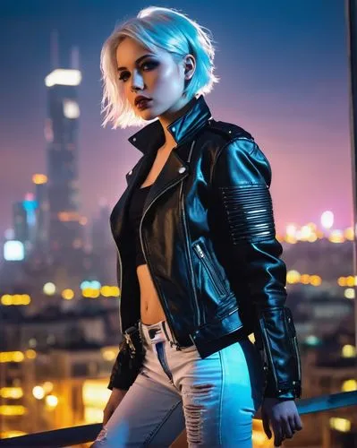 leather jacket,femme fatale,cool blonde,jacket,bolero jacket,birds of prey-night,blonde woman,leather,pixie-bob,photo session at night,harley,jean jacket,black leather,greta oto,blonde girl,ammo,cosplay image,fierce,the blonde photographer,jungfau maria,Conceptual Art,Fantasy,Fantasy 07