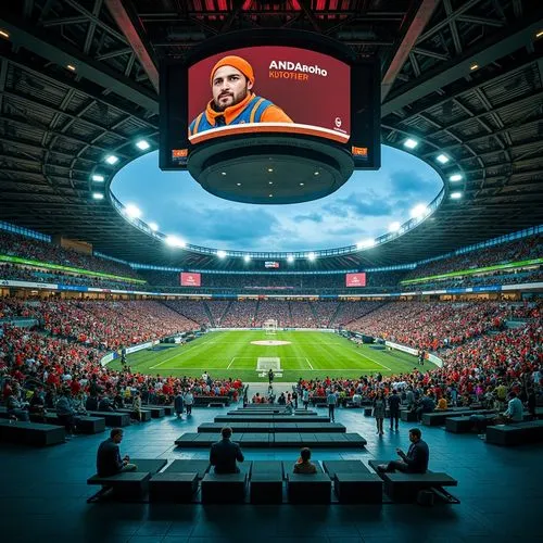 Vibrant stadium atmosphere, bold team colors, bright LED lights, dynamic crowd movements, energetic sports vibe, modern architecture design, sleek metal structures, polished concrete floors, geometric