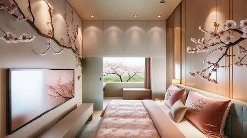 This photo shows a hotel room located in Puli, Taiwan, with a design incorporating elements of spring cherry blossoms. The room features modern furniture and uses soft pastel colors. The bed is adorne