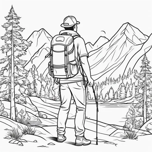 hiker,backpacking,arrow line art,coloring page,alpinist,venturer,summer line art,backcountry,snowshoeing,coloring pages,snowshoers,trekking poles,mono-line line art,mountaineer,hikers,outdoorsman,mountain hiking,adventurer,line art,alpinists,Illustration,Black and White,Black and White 04