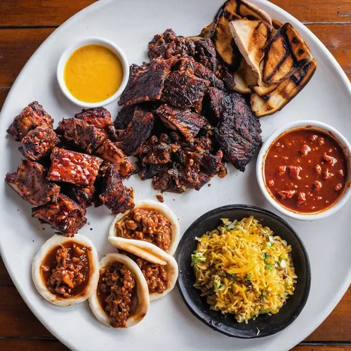 Explore the intense rivalry between two neighboring BBQ joints, Sloppy Mama's and their main competitor.,suya,barbecued pork ribs,filipino barbecue,beef ribs,food platter,spare ribs,anticuchos,sri lan