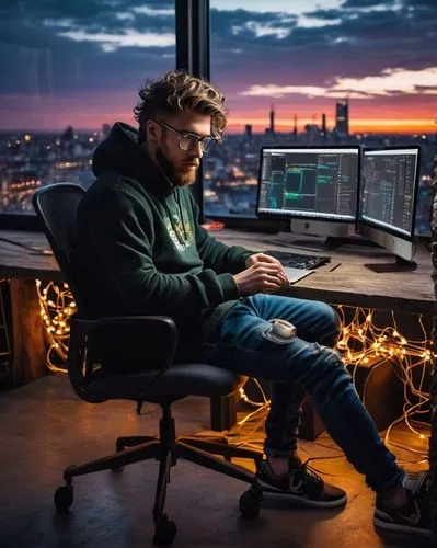 Modern minimalist programmer's office, solo male, 25-35 years old, messy hair, glasses, casual wear, hooded sweatshirt, ripped jeans, sneakers, coding, typing on MacBook, surrounded by multiple screen