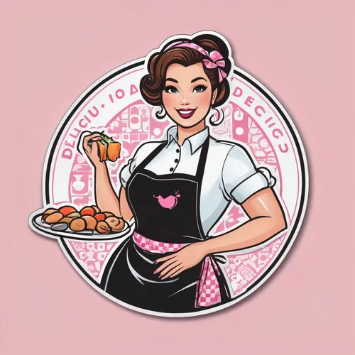 waitress,apple pie vector,retro 1950's clip art,valentine pin up,hostess,valentine day's pin up,retro pin up girl,retro diner,girl in the kitchen,pastry chef,marroni,apron,donut illustration,woman holding pie,dribbble icon,housewife,food icons,chef,retro pin up girls,confectioner,Unique,Design,Sticker