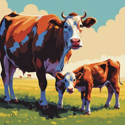 Compose a poem capturing the gentle nature of a mother cow and the playful innocence of its calf.,oxen,cows on pasture,holstein cattle,dairy cows,two cows,watusi cow,cows,dairy cattle,domestic cattle,