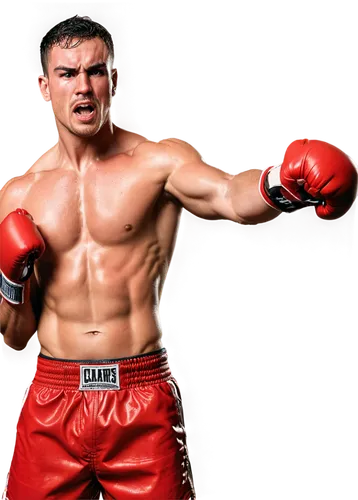 Male boxer, muscular arms, intense facial expression, sweat dripping down face, boxing gloves, red boxing shorts, championship belt, focused eyes, clenched teeth, throwing punches, dynamic pose, arena