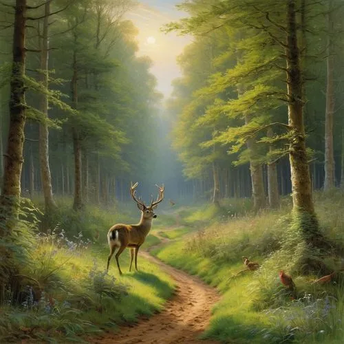 forest path,forest landscape,forest road,forest background,rehe,forest animals,Art,Classical Oil Painting,Classical Oil Painting 13