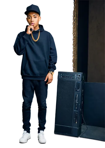 Young male rapper, hip-hop outfit, gold chain, black hoodie, jeans, sneakers, microphone in hand, confident posture, urban background, warm lighting, shallow depth of field, cinematic composition.,a m