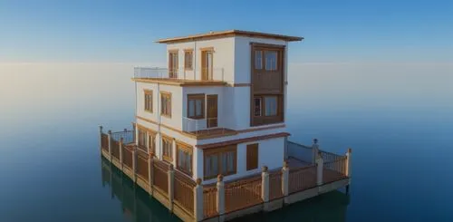 a house is shown in the middle of the water,stilt house,cube stilt houses,house with lake,lifeguard tower,floating huts,stilt houses,Photography,General,Realistic