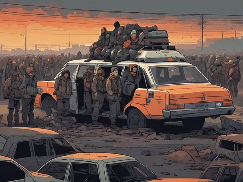 post-apocalyptic landscape,post apocalyptic,post-apocalypse,junkyard,bottleneck,car cemetery,crowded,parking lot,dystopian,traffic jam,trash land,rusty cars,junk yard,scrapyard,convoy,apocalyptic,crowds,migration,district 9,scrap yard,Illustration,Vector,Vector 05