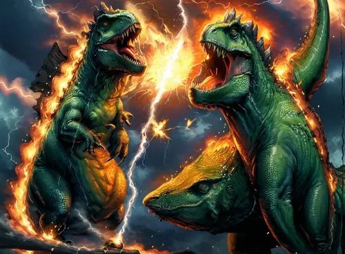 兩隻恐龍、打架、閃電
,there is no image here to provide a caption for,ladinos,fire background,megafight,dinosauria,rexes,protohistoric,Illustration,Realistic Fantasy,Realistic Fantasy 05