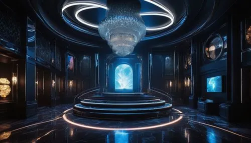 sanctum,spaceship interior,hall of the fallen,ufo interior,teleporters,hallway,teleporter,lair,obscura,sulaco,antechamber,hallway space,tron,nidularium,labyrinthian,corridors,blue room,imaginarium,3d render,chamber,Illustration,Realistic Fantasy,Realistic Fantasy 05