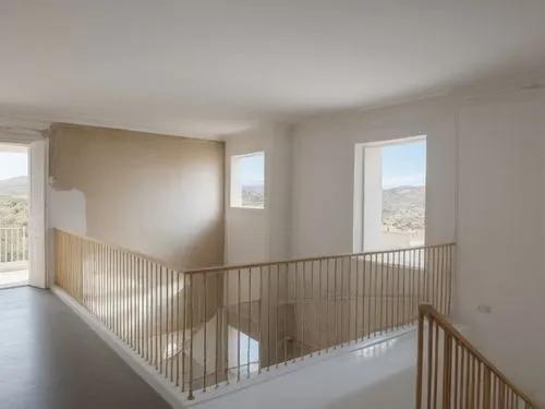 an empty room with white walls,there is no image here to provide a caption for,outside staircase,balustrades,tugendhat,winding staircase,immobilier,appartement,Photography,General,Natural