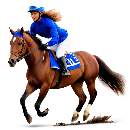 Dynamic horse, galloping, racing pose, shiny brown coat, flowing mane, athletic muscles, jockey in blue uniform, white helmet, riding boots, intense facial expression, sweat droplets, motion blur, rea