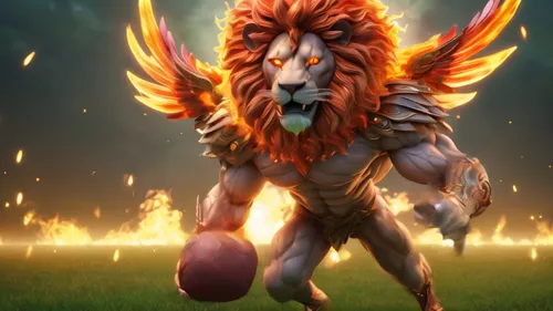 forest king lion,masai lion,lion's coach,lion,skeezy lion,lion father,lion number,stone lion,gryphon,male lion,griffin,garuda,uganda kob,lion white,zodiac sign leo,african lion,fire background,two lion,lion head,firebrat,Illustration,Realistic Fantasy,Realistic Fantasy 02