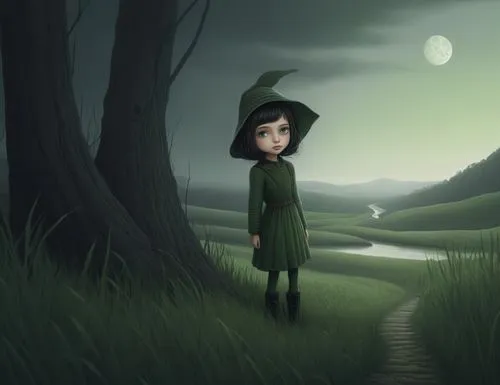 Fantasy painting of a girl in a country style, independent digital coloring in fantasy tones. Dark hair, gray-green eyes.,a cartoon girl wearing a green dress and a large hat standing on a grassy area