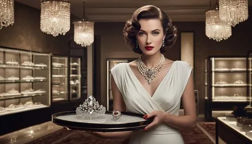 Luxury jewellery shop, elegant mature lady, standing, refined facial features, curly brown hair, red lipstick, pearl necklace, designer white dress, high heels, holding a tray of diamonds, softbox lig