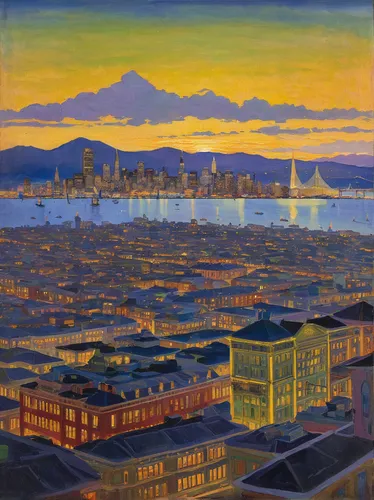 matruschka,san francisco,oakland,san diego skyline,everett,san francisco bay,crescent city,space needle,city scape,sanfrancisco,evening city,seattle,city skyline,bay area,portland,transamerica pyramid,cityscape,city view,skyline,rainier,Art,Classical Oil Painting,Classical Oil Painting 27