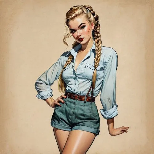 1950’s pinup illustration, young beautiful woman, long blonde hair in braids, freckles, seductive sheer clothing, naughty expression, wingtip makeup, bright eyes, chestnut mouth, ,retro pin up girl,pi