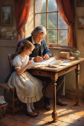 children studying,children drawing,girl studying,little girl reading,children learning,school children,tutor,little girl and mother,child with a book,emile vernon,table artist,painting technique,little girls,child's diary,vintage children,meticulous painting,montessori,tutoring,children girls,the little girl's room,Conceptual Art,Oil color,Oil Color 03