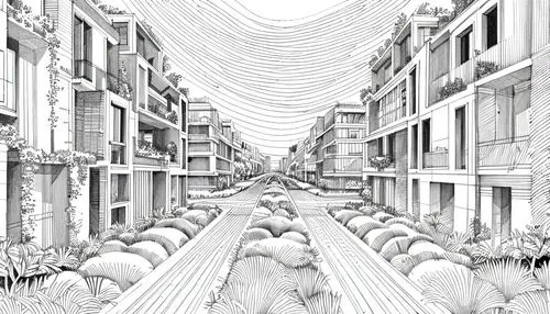 mono-line line art,mono line art,panoramical,parallel worlds,virtual landscape,parallel world,morning illusion,sci fiction illustration,passage,shirakami-sanchi,line-art,escher,pen drawing,neural path