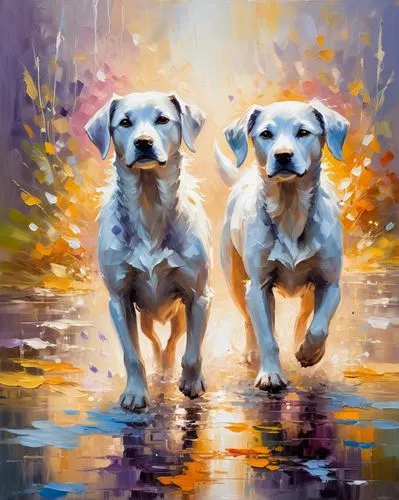 a colorful oil abstract painting with palette knife of two dogs, in the style of marcin sobas, 32k uhd, animals and people, oil painter, intense light and shadow, ferrania p30,two white dogs with brig