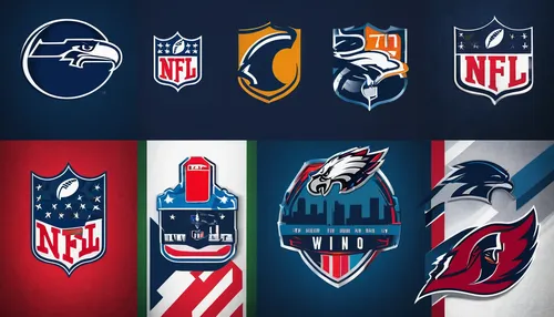 Produce six NFL logo concepts with diverse themes and elements.,national football league,nfl,nfc,sports wall,banners,logos,flags and pennants,set of icons,wallpapers,banner set,colorful flags,collecti