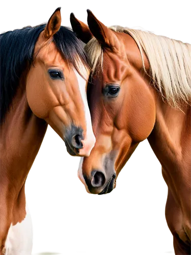 Two horses, friendly interaction, nuzzling each other, brown horse with white socks, black mane, gentle eyes, soft nose, tender lips, green pasture background, warm sunlight, shallow depth of field, 3