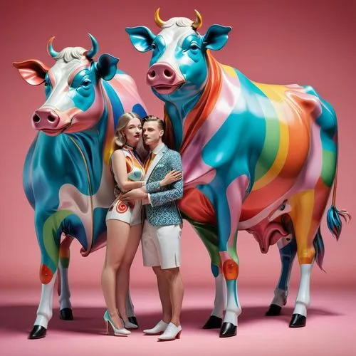 3D render of a hyperrealistic conceptual artwork of a cow and pig couple always togather with model  embracing made of twisted gucci colorful silk served on stage The background is blurred and is of a