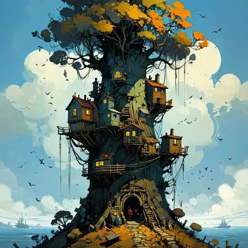 tree house,treehouse,treehouses,mushroom island,witch's house,tree house hotel,bird house,bird tower,floating island,bird kingdom,fairy house,fairy chimney,animal tower,birdhouse,island suspended,house in the forest,bird home,mushroom landscape,bird nests,forest house,Conceptual Art,Sci-Fi,Sci-Fi 01