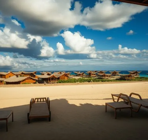 lounge chairs are lined up on the beach next to the water,cape verde island,morondava,the hotel beach,lamu,nusa dua,dadaepo beach,Photography,General,Realistic