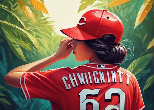 Illustrate a Cincinnati Reds jersey with vibrant colors and patterns for a summery look.,clementine,chimichanga,baseball player,baseball drawing,cuba background,baseball uniform,game illustration,cinc