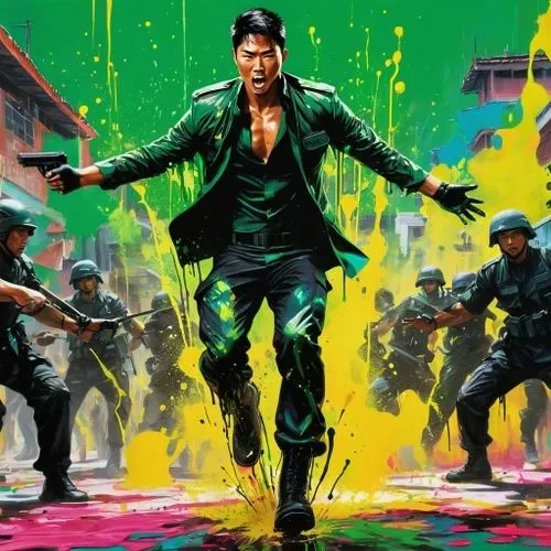 nadiadwala,khiladi,asian,gun,splash art,colorful