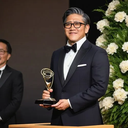 Pritzker Architecture Prize winners, standing, confident posture, suit, tie, glasses, short hair, facial hair, smiling, holding award, trophy, certificate, elegant attire, formal event, ceremony, stag