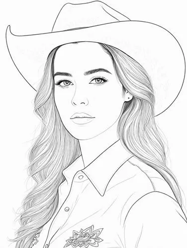 the woman with the hat is looking away from the camera,coloring page,akubra,ashe,cowgirl,coreldraw,countrygirl,Design Sketch,Design Sketch,Detailed Outline