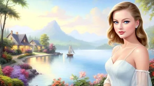 Romantic masterpiece oil painting, cute busty girl portrait, sexy sundress, nostalgic 1950's style kitsch, breathtaking beautiful landscape, small town suburbs, majestic exotic lakeside cottage, lush 