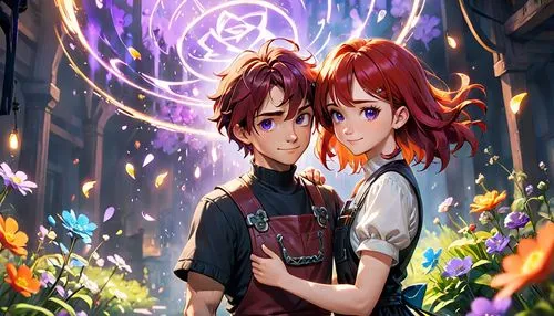 A loving couple wrapped in clothes with red bows and blue bows smiles contentedly as they pause in a lush garden, surrounded by blooming flowers. Their hands hold the petals back, as they are holding 