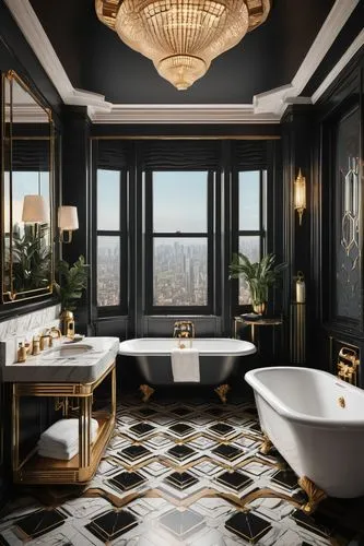 Art Deco bathroom, 1930s style, luxurious interior design, geometric patterns, chrome fixtures, marble countertops, hexagonal tiles, ornate mirrors, lavish chandeliers, freestanding tub, velvet drapes