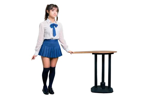 Kawaii girl, apology expression, bowing head, cute facial features, big round eyes, blushing cheeks, short hair, ponytail, white blouse, blue skirt, knee-high socks, black shoes, holding hands togethe