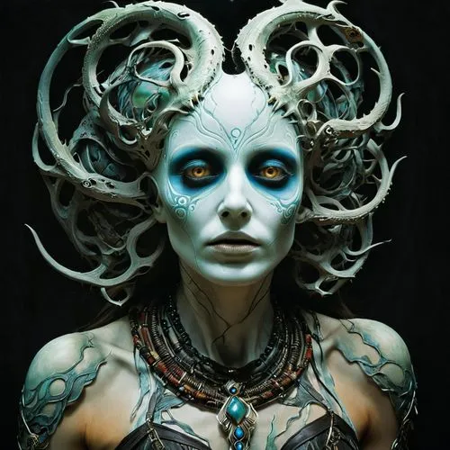 bodypainting,enchantress,planescape,voodoo woman,bodypaint,promethea,blue enchantress,body painting,vodun,the enchantress,amidala,gorgon,medusa,medusa gorgon,viveros,fathom,shamanic,demoness,dryad,unseelie,Conceptual Art,Fantasy,Fantasy 08