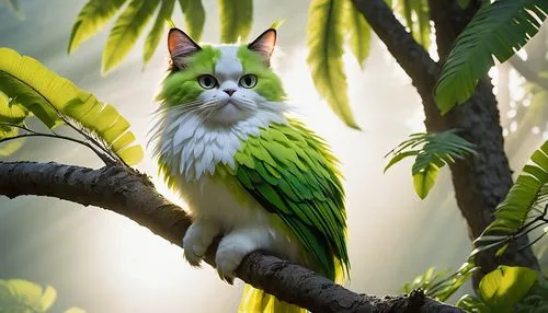 Whimsical, fantasy, tropical, bird-like cat creature, vibrant green feathers, fluffy white belly, sharp talons, perched on a branch, exotic flower-adorned tree, bright sunlight filtering through leave