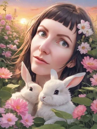 heatherley,rabbits,bjork,ostara,rabbit family,bunnies,Digital Art,Anime