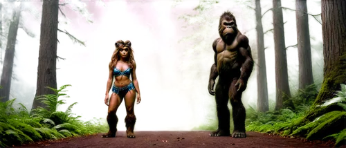 Bigfoot, furry, massive body, muscular arms, strong legs, giant feet, wild eyes, messy hair, green forest environment-inspired fur texture, standing upright, one leg forward, powerful pose, soft misty