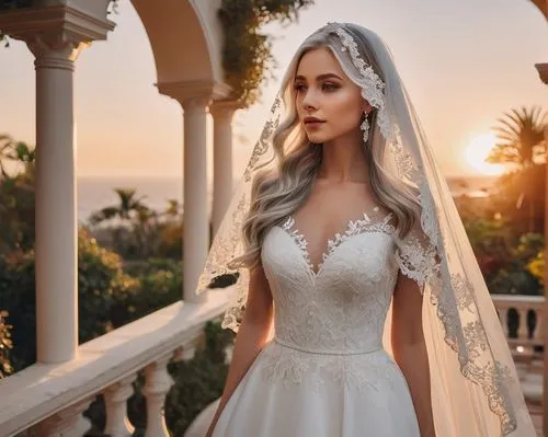 Alena Aenami, beautiful detailed eyes, long silver hair, pale skin, elegant slender fingers, white wedding dress, lace veil, diamond necklace, high heels, standing, luxurious villa, garden, sunset, wa