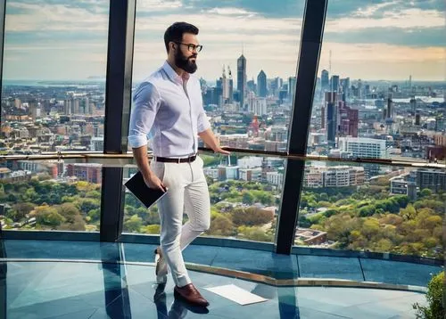 Dunbar Peter, modern minimalist architect, standing, 35yo, glasses, short black hair, beard, white shirt, dark blue trousers, leather shoes, holding a tablet, gesturing, in front of a large floor-to-c